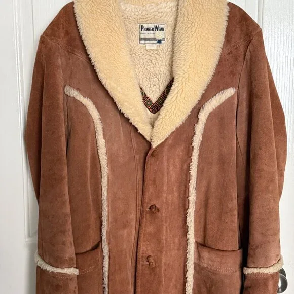 Pioneer Wear Vintage Mens Shearling Suede Coat With Embroidered Trim & Quilted L - Picture 4 of 8